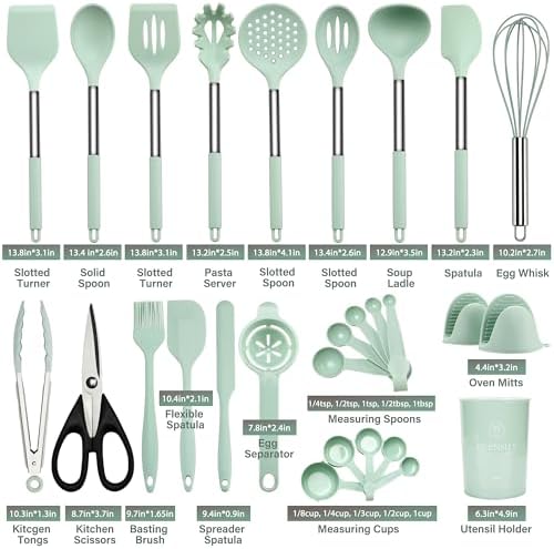 QMVESS Silicone Cooking Utensils Set, 28 Pcs Non-Stick Kitchen Utensils Set with Holder, 446°F Heat Resistant Spatula, Tongs, Spoons Set with Stainless Steel Handle Kitchen Gadgets (Light Green) - Image 3