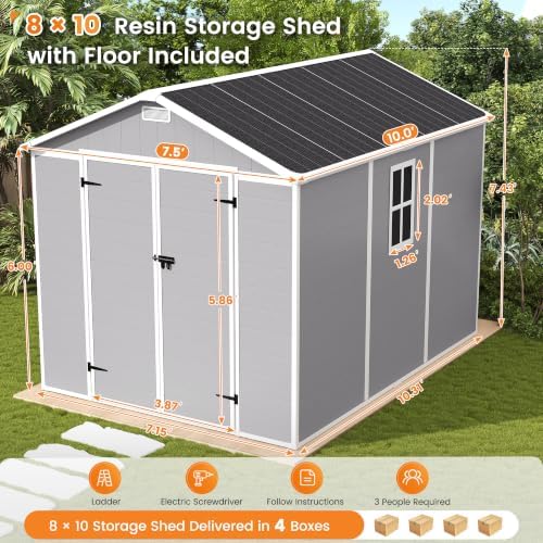 UDPATIO Storage Shed 8 x 10 FT, Resin Sheds & Outdoor Storage with Floor Large Clearance Outdoors Plastic Garden Tool Shed Tuff Outside Cottage Shed with Lockable Door for Bike, Garbage Gray White - Image 2
