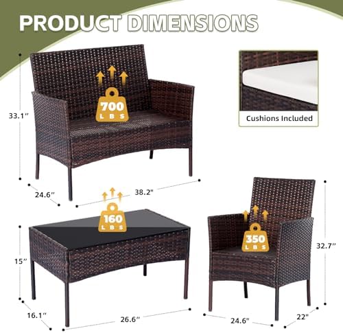 Patio Furniture Set 4 Pieces, Outdoor Rattan Furniture with Tempered Glass Coffee Table, Modern Rattan Patio Chairs Conversation Sets with Sofa for Garden, Terrace, Porch, Lawns Brown/Beige - Image 2
