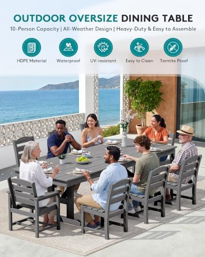 SERWALL 9Pcs HDPE Outdoor Dining Set w/6 Armless, 2 Armchairs for 8,Gray - Image 6