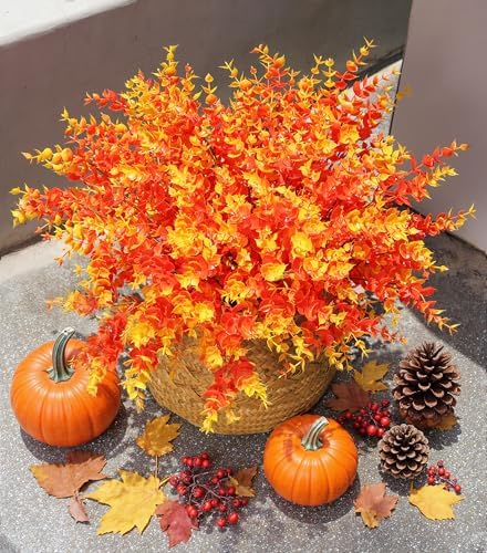 Artificial Plants for Outdoor Fall Plants Fake Greenery for Autumn Decor, 12 Bundles Faux Orange Boxwood Look Real UV Resistant Fake Plants for Outside Home Porch Patio Planters Yard Front Door - Image 2