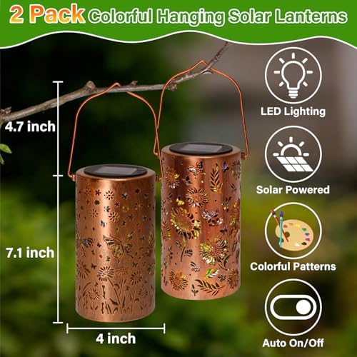 2Pack Colorful Solar Lanterns Outdoor Waterproof, Garden Decor Gifts for Women Mom Grandma - LED Sunflower and Butterfly Solar Powered Lights Metal Hanging Lantern for Outside Garden Patio Yard Porch - Image 6