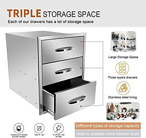 Stainless Steel Outdoor Kitchen BBQ Island Drawers with Handle, Flush Mount Triple Access, 18Wx23Dx24H - Image 4