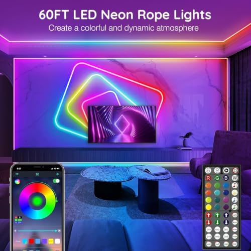 SINLEY Led Neon Rope Light 60FT,Control with App/Remote,Flexible Led Rope Lights,Multiple Modes,IP68 Outdoor RGB Neon Lights Waterproof,Music Sync Gaming Led Strip Lights for Bedroom Indoor - Image 2