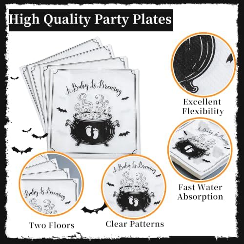 125Pcs Halloween Baby Shower Tableware, A Baby is Brewing Paper Plates Napkins Forks|Spooky Cauldron & Footprint Design, for Halloween Gender Reveal Bash Celebration - Image 4