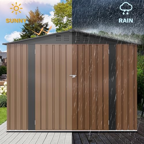DWVO 7x5FT Outdoor Storage Shelter, Roomy Steel Tool Shed with Secure Entrances & Air Circulation for Patio, Lawn, and Backyard, Ideal for Storing Garden Gear, Lawn Tools, and Bikes, Brown - Image 3