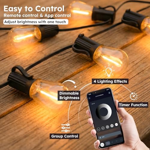 GvvooHome 100FT S11 LED Outdoor String Lights with App & Remote, Low-Voltage Patio Lights with Music Sync, 4 Lighting Modes, Dimmable, Waterproof LED Lights for Backyard, Porch, Garden, Deck, Party - Image 2