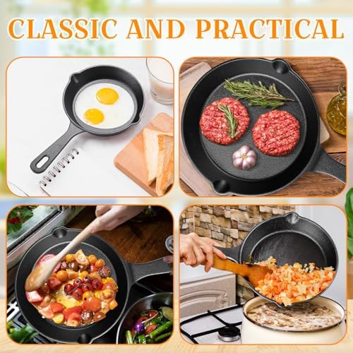 Vesici 5 Pcs Cast Iron Skillet Frying Pans with Drip-spouts Circle Non-stick Frying Skillet Omelette Pan Safe Healthy Cookware for Home Barbecue Kitchen Party Restaurant Catering Service (Mixed Size) - Image 4