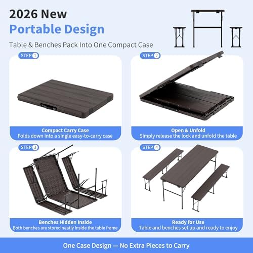 Polar Aurora Picnic Table Set with 2 Benches, 6 Feet Folding Camping Table Chair Set, Portable 3-Piece Outdoor Furniture with Wood Grain Top for Party, Picnic, Camping, Wedding (Brown) - Image 2