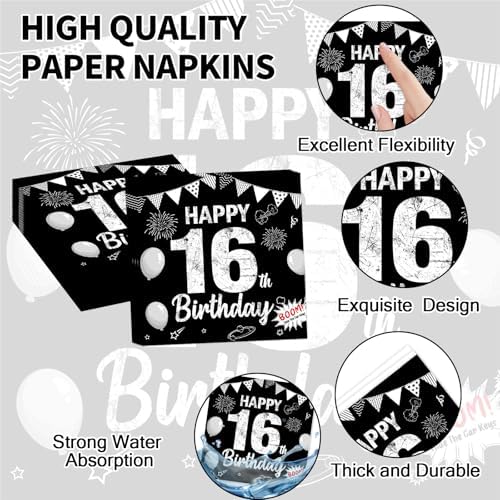 96PCS 16th Birthday Party Paper Plates and Napkins and Forks Set for Black sweet 16 Years Old Party Paper Plates Disposable Decor Happy 16th Parties Set for Kids Birthday Gatherings Decorations - Image 4