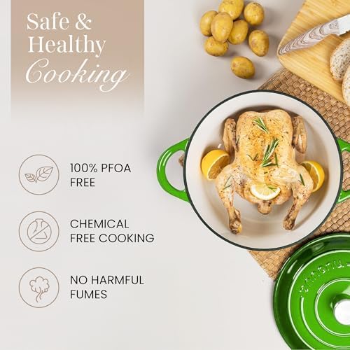 Nuovva Enamelled Cast Iron Dutch Oven Pot with Lid – 6.4 Quart Non Stick Casserole Pot – Heavy Duty & Oven Safe up to 500° F for Bread Baking, Braising, Stews, Roasting – 28cm Green - Image 4