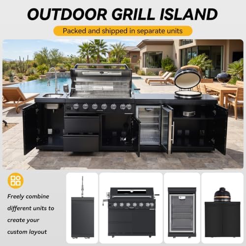 115'' LPG Outdoor Kitchen Island with Grill, 85000 BTU, 6-Burner, Black - Image 4