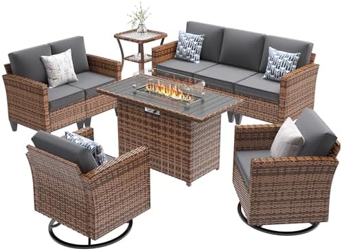 UDPATIO Patio Furniture Set with Fire Pit Table, Rocking Swivel Chairs, 6 Pieces Outdoor Conversation Sets, All-Weather Wicker Outdoor Sectional Sofa with Waterproof Cover, 4'' Thickened Cushion, Grey - Image 2