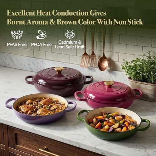 3 Quart Enameled Cast Iron Braiser, Non Stick Enameled Cast Iron Skillet with Lid, Dutch Oven Skillet with lid up to 500°F for Oven, Stove, Grill, Shallow Dutch Oven for Cook, Bake (Golden Green) - Image 2