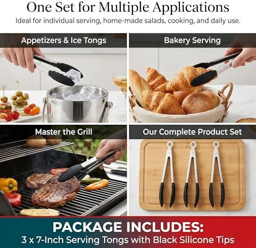 Grill Tongs,Mini Tongs with Silicone Tips,3Pcs bbq tongs 7-Inch Small Serving Tongs for Cooking, Stainless Steel Food small tongs with Locking Mechanism for Salad, Taco Bar, Appetizers & Buffet - Image 3