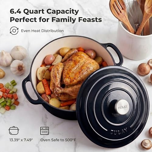 Zulay Kitchen 6.4 Quart Enameled Cast Iron Dutch Oven Pot with Lid – Premium Durability & Oven Safe up to 500°F – Heavy Duty Cookware Perfect for Bread Baking, Stews, Braising & Roasting - Black - Image 6