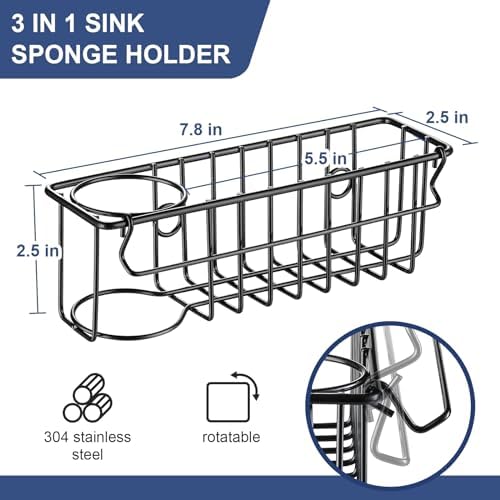 3-In-1 Sponge Holder for Kitchen Sink, 2 Type Suspension Options (Suction Cups & Adhesive Hook), Hanging Sink Caddy Organizer Rack - Sponge, Dish Cloth, Brush, Scrubber, 304 Stainless Steel - Black - Image 3