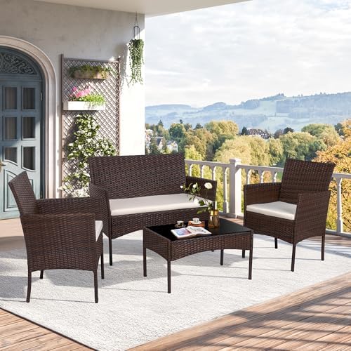Shintenchi 4 Piece Outdoor Patio Furniture Set, Wicker Rattan Patio Conversation Set, Outdoor Chairs and Loveseat with Coffee Table for Porch, Yard & Poolside (Brown) - Image 2