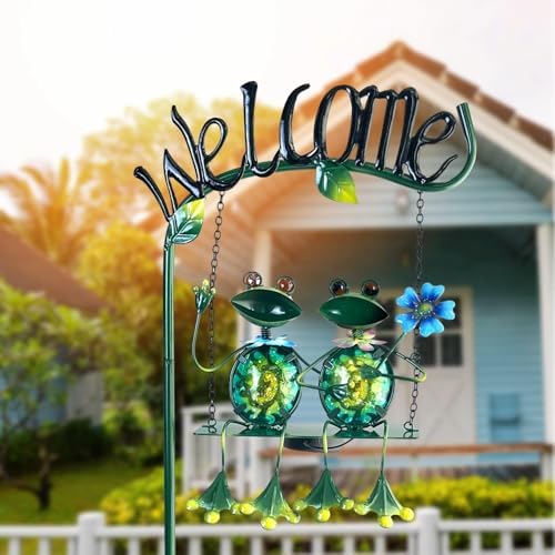 HONGLAND Solar Lights Outdoor Waterproof, Frog Swing Garden Decor, Frog Decorative Stake with Welcome Sign Landscape Patio Yard Gifts for Women Mom (48 inch) - Image 5