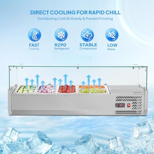 ROVSUN 48" Refrigerated Condiment Prep Station ETL NSF, 25.1QT Sandwich Prep Table Salad Bar Prep Rail w/Auto Defrost Temp Control Glass Shield 3 1/3 Pan & 2 1/4 Pan for Restaurant Food Truck - Image 2