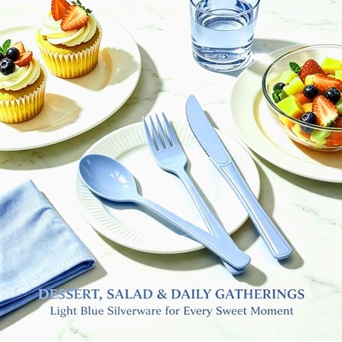 75 Pack Light Blue Heavy Duty Plastic Silverware Set, Disposable Knives, Forks & Spoons, 25 Sets for Birthday, Baby Shower, Camping, Picnic & Party - Image 4
