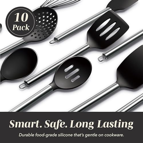 COOK WITH COLOR Silicone Cooking Utensils, Kitchen Utensil Set, Easy to Clean Silicone Kitchen Utensils, Cooking Utensils for Nonstick Cookware, Kitchen Gadgets Set, 10 Pieces, Black - Image 3
