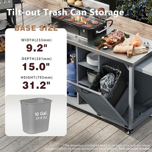 Merax 78.3" Outdoor Kitchen Island with Foldable Grill Table, Wooden Outdoor Grill Cart with Trash Can Storage & Stainless Steel Top, Outdoor Bar Cart, Pizza Oven Table for Lawn & Garden, Dark Brown - Image 5