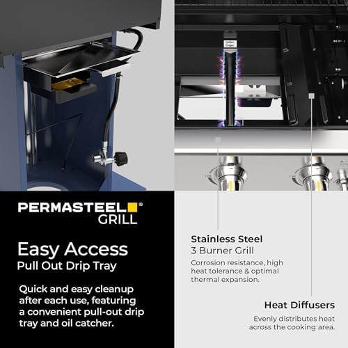Permasteel 3-Burner Propane Gas Grill, 30,000 BTUs BBQ Grill with Cast Iron Grates, Foldable Side Tables & Tool Hooks, Outdoor Grill, Azure - Image 4