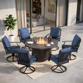 7 Pieces Outdoor Patio Furniture Set with 48" 55000 BTU Round Propane Fire Pit Table,Patio Dining Set Outdoor Conversation Sets 6 Swivel Chairs for Deck,Backyard and Garden,Dark Blue by RTDTD