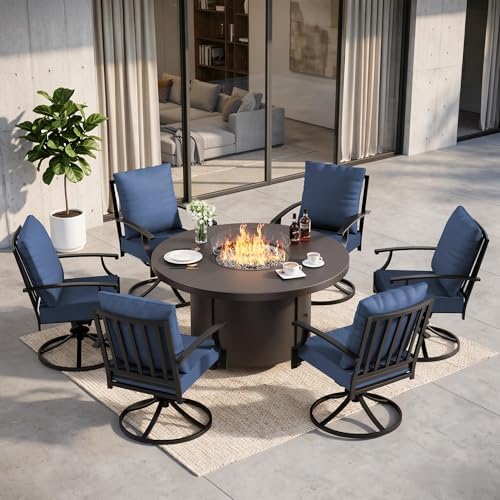 7 Pieces Outdoor Patio Furniture Set with 48" 55000 BTU Round Propane Fire Pit Table,Patio Dining Set Outdoor Conversation Sets 6 Swivel Chairs for Deck,Backyard and Garden,Dark Blue by RTDTD