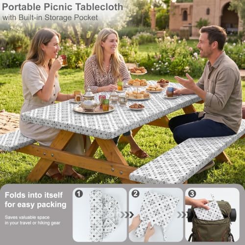Picnic Table Cover with Bench Covers Portable Table Cloth Built-in Storage Pocket Picnic Table Covers With Elastic Waterproof Camping Essentials for RV Camping - Image 3