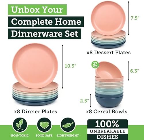 Grow Forward 24-piece Premium Wheat Straw Dinnerware Sets for 8 - Unbreakable Dishwasher & Microwave Safe Plastic Plates and Bowls Sets - Patio, Outdoors, RV, Camping Dishes - Tropical - Image 3