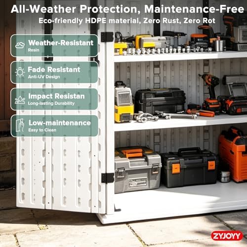 ZYJOYY Outdoor Storage Cabinet with 4 Shelves, 31.5" x 23.23" x 66.22" White Waterproof Resin Vertical Tool Shed, Lockable 30 cu.ft. Storage Shed for Patio, Garden, Yard - Image 6
