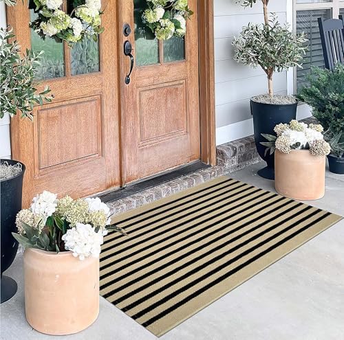 Black and Khaki Outdoor Rug -2.3'x3.6',Fall Washable Striped Outdoor Rug by BUAGETUP