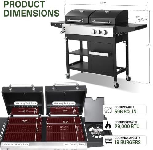 Gas and Charcoal Grill Combo with Side Burner, 29,000 BTU - Image 2