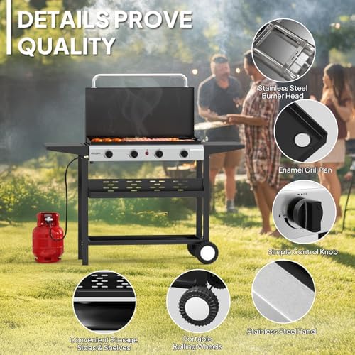 ROVSUN 4 Burner Portable Propane Griddle with Electronic Ignition, 40000 BTU Rolling Flat Top Gas Grill with Enameled Tray & Lid, Side Shelves & Regulator for Outdoor Cooking Camping BBQ Tailgating - Image 3