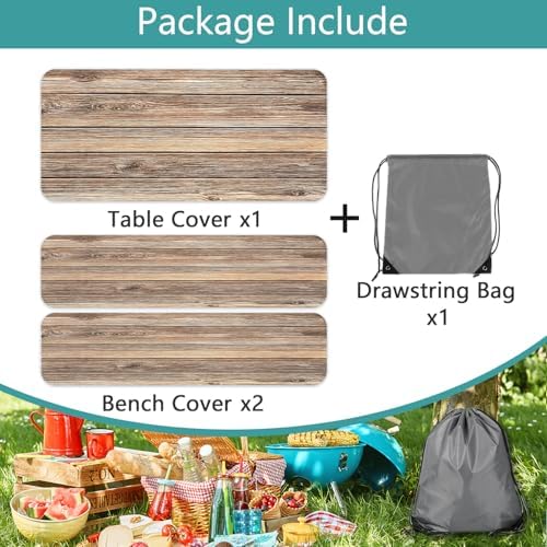 Picnic Table Cover with Bench Covers Camping Essentials Farmhouse Waterproof Windproof Wood Grain Camping Tablecloth Fitted Tablecloth Cover with Elastic Edge for Indoor & Outdoor 3 PCS 30x72 Inch - Image 7