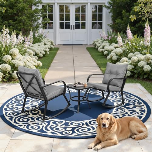 Oakcloud Oakmont Outdoor Furniture 3 Piece Conversation Bistro Set Rocking Chairs and Glass Top Table, Thick Cushions, Black Steel (Grey) - Image 7
