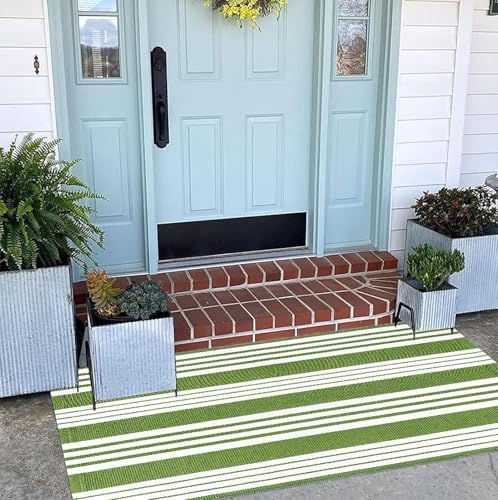 Green and White Outdoor Rug 24"x51"Washable Striped Layered Door Mat - Image 6