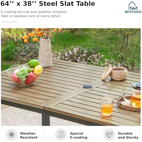 MFSTUDIO Outdoor Dining Table for 6, Brown Metal Table w/Umbrella Hole - Image 5