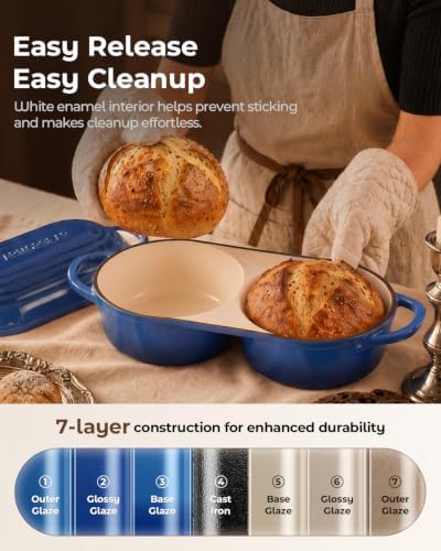Mini Double Dutch Oven for Sourdough, Enameled Cast Iron Bread Pan, Blue - Image 6