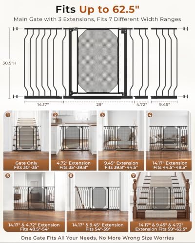 30-62.5" Extra Wide Auto Close Baby Gate for Stairs, Pet Gate Indoor, Black - Image 2