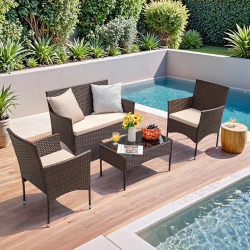 Homall 4 Pieces Outdoor Patio Furniture Set, Rattan Chairs, Brown & Beige - Image 5