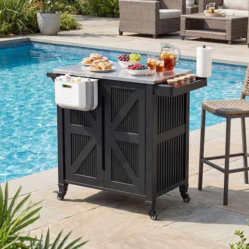 Outdoor Grill Cart with Stainless Steel Top, Outdoor Kitchen Island BBQ Prep Table, 2-Tier Storage Cabinet, Rolling Utility Station with Hanging Trash Bin, Wheels, Side Shelf for Patio, Yard, Picnic by PolarAurora