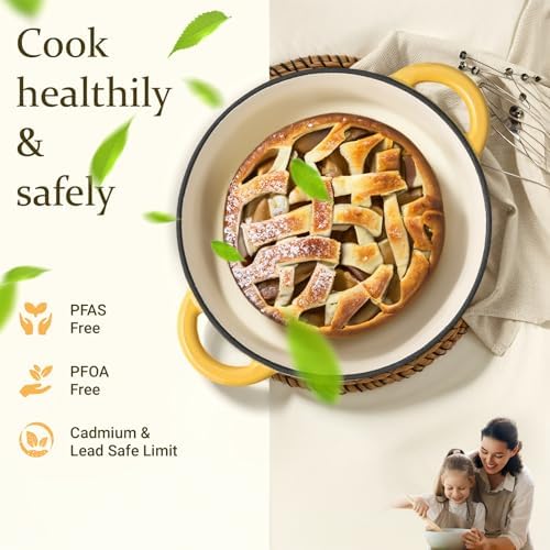 Overmont Enameled Cast Iron Dutch Oven - 4.5QT Pot with Lid Cookbook & Cotton Potholders - Heavy-Duty Cookware for Braising, Stews, Roasting, Bread Baking GooseYellow - Image 2