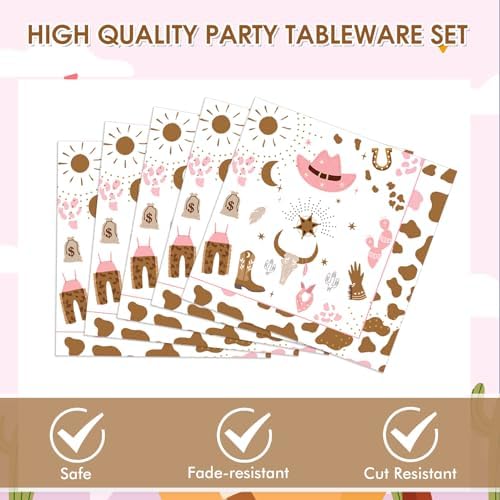 40 Pcs Western Cowgirl Birthday Party Decorations Disposable Pink Cowgirl Rodeo Tableware Set Includes Cowgirl Plates and Napkins for Kids Baby Shower Fire Camping West Party - Image 3