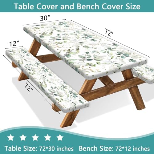 Picnic Table Cover with Bench Covers and Bag, Camping Essentials, Eucalyptus Leaves Outdoor Table Covers, Waterproof Windproof, Fitted Tablecloth Cover with Elastic Edge, 3 PCS, 30x72 Inch - Image 2