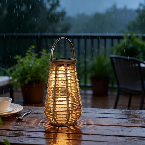 Hanging Solar Lanterns Outdoor Waterproof, Hand-Woven Hemp Rope,10x5.5 Inch by LEOKED