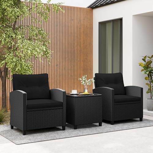 RELAX4LIFE 3-Piece Patio Furniture Set - Wicker Rattan Bistro Sofa Set with Glass Top Coffee Table, Washable Cushions for Porch, Balcony, Backyard, Poolside, Outdoor Conversation Set (Black) - Image 2