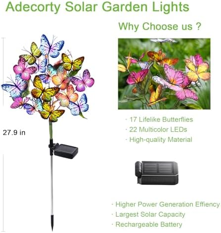 Adecorty Solar Garden Lights Outdoor Waterproof Decorative Solar Lights Outdoor 2 Pack with 44 LED 34 Butterfly Flower Garden Decor Yard Patio Lawn, Gifts for Mother's Day Mom Women - Image 3